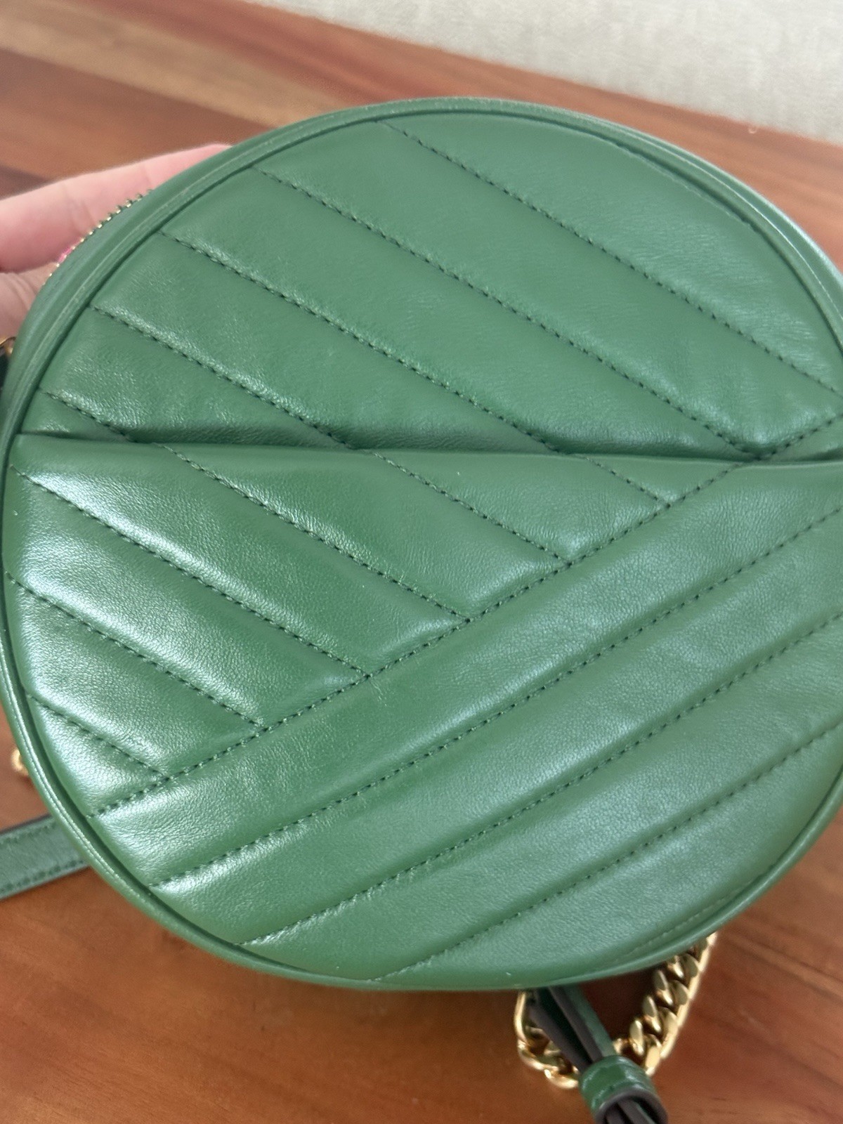 Tory Burch Kira Chevron Circle Bag Green Quilted Leather Gold Hardware