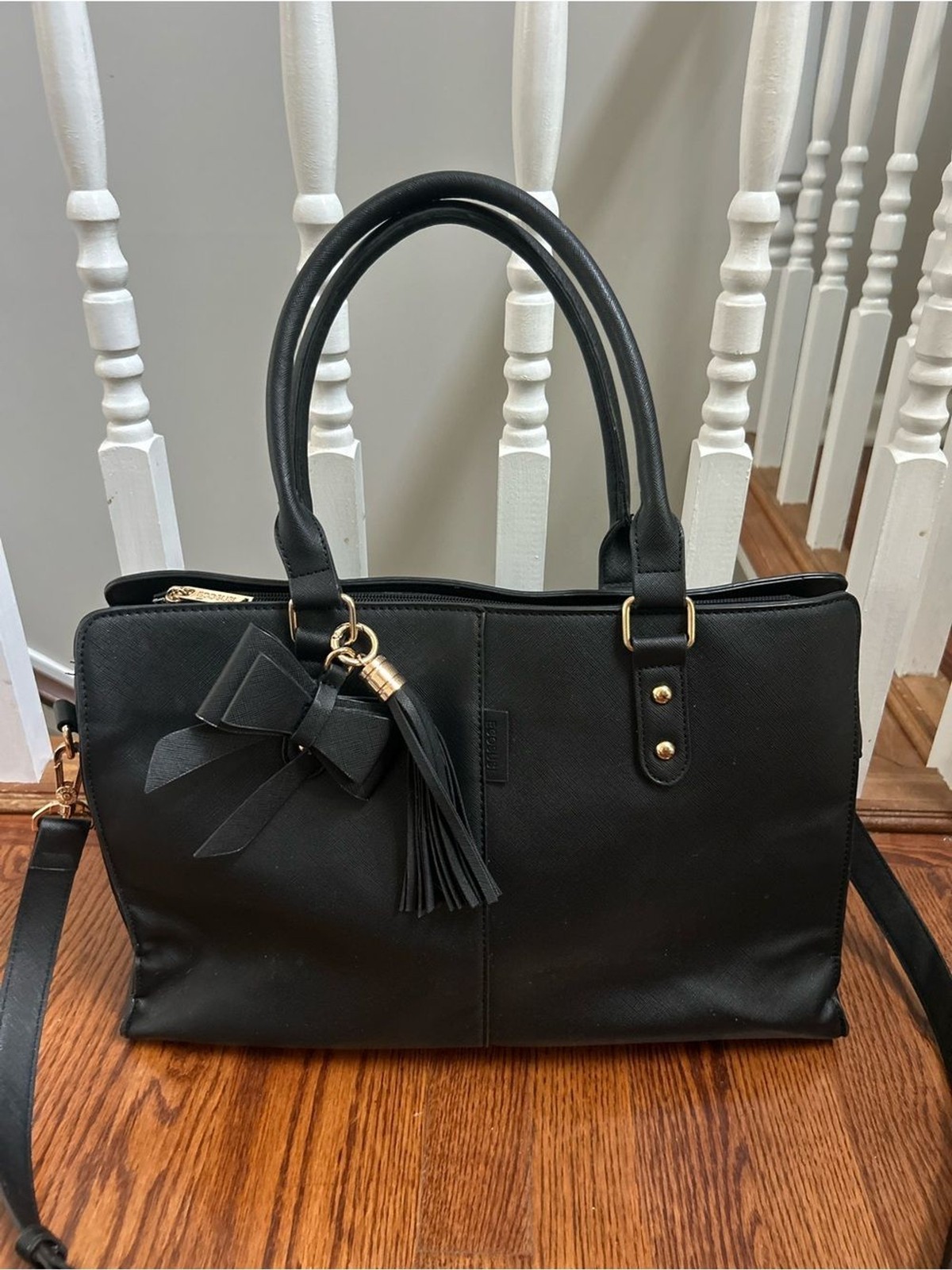 Bostanten Black Structured Satchel Crossbody Laptop Work Tote Bow Tassel