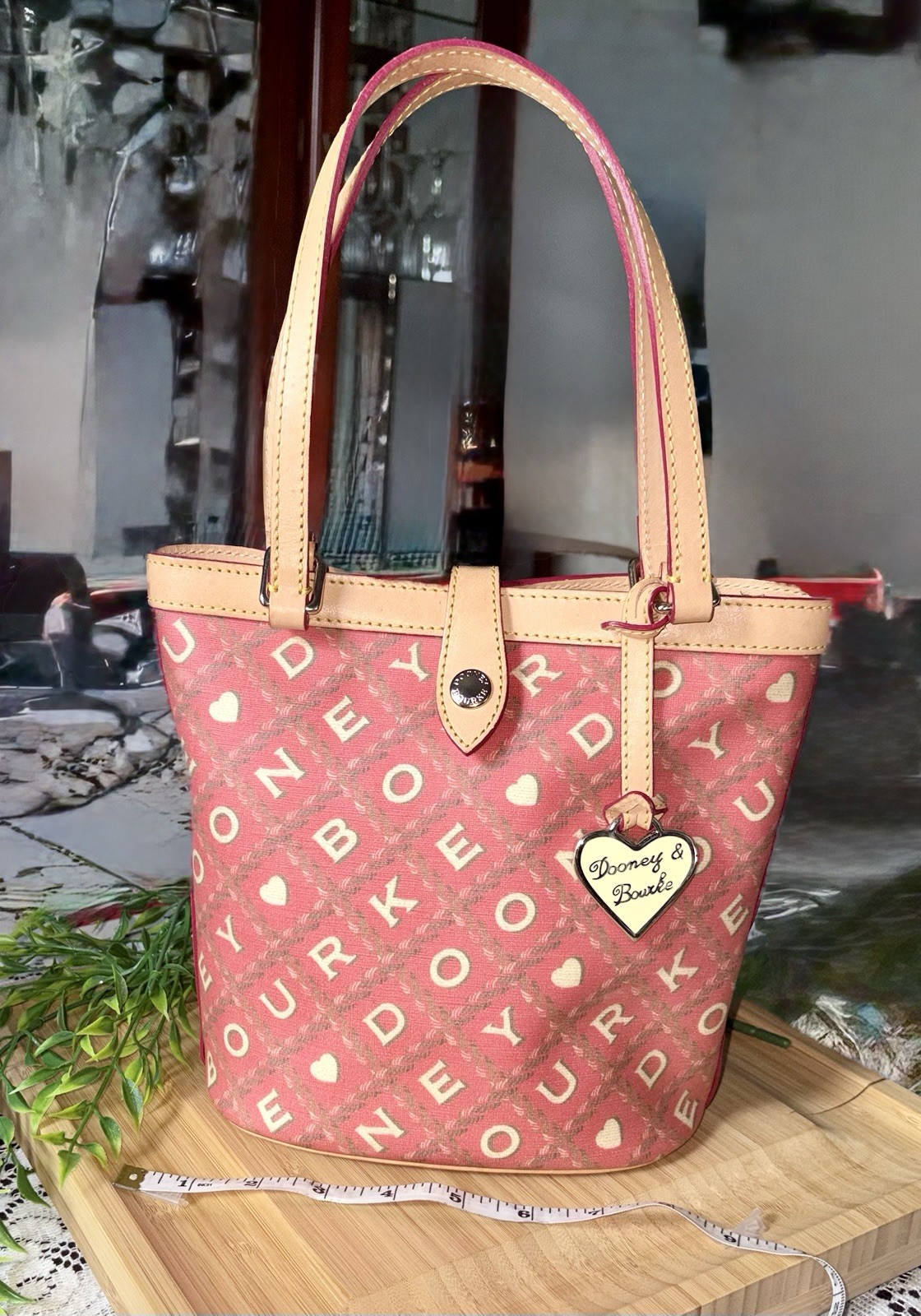 Dooney & Bourke Logo Tote Pink/Beige Heart Charm w/ Matching Wallet Zip