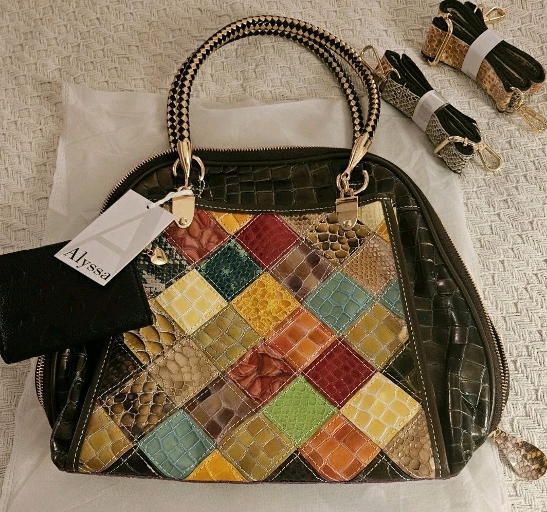 NEW Multi-Color Leather Croco Stitch Satchel Handbag Tote Shldr Bag w/Wallet