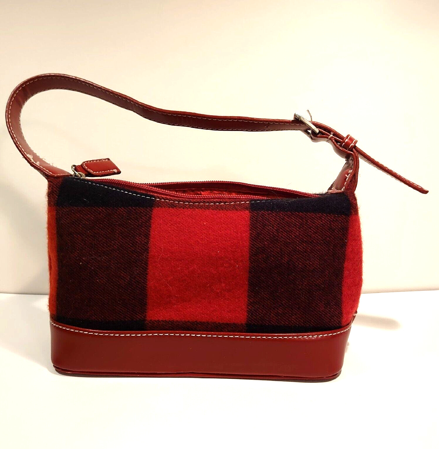 Handbag Purse Red Plaid Top Handle Wool Blend 9″x5″ Faux Leather Bottom & Strap
