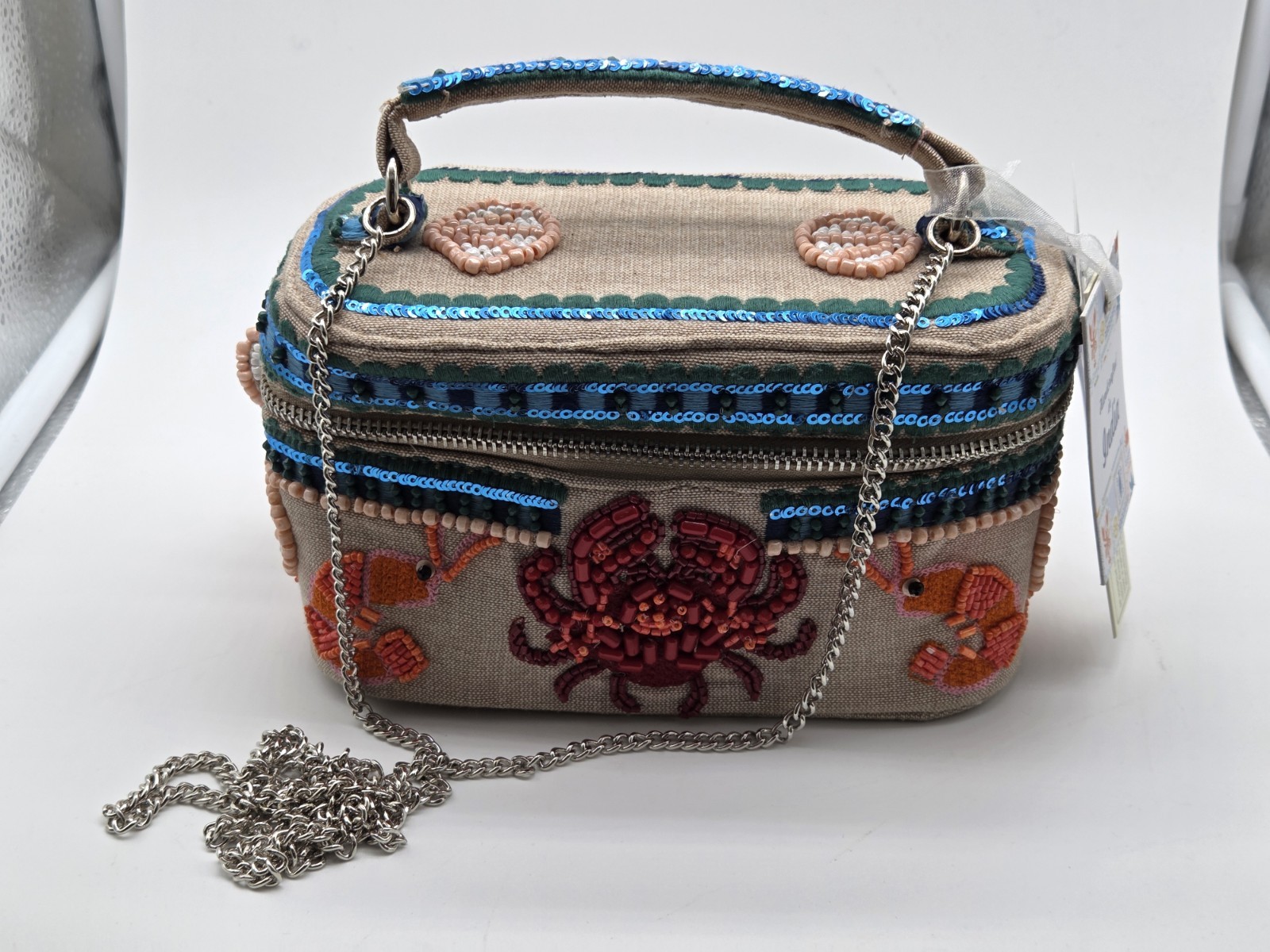 Handmade in India Beaded Crab Lobster Box Bag Crossbody Purse Coastal NWT