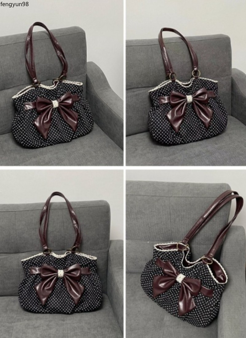 Chic Polka Dot Tote Bag Vintage Women Handbags Shoulder Bag Bow Sweet Bag