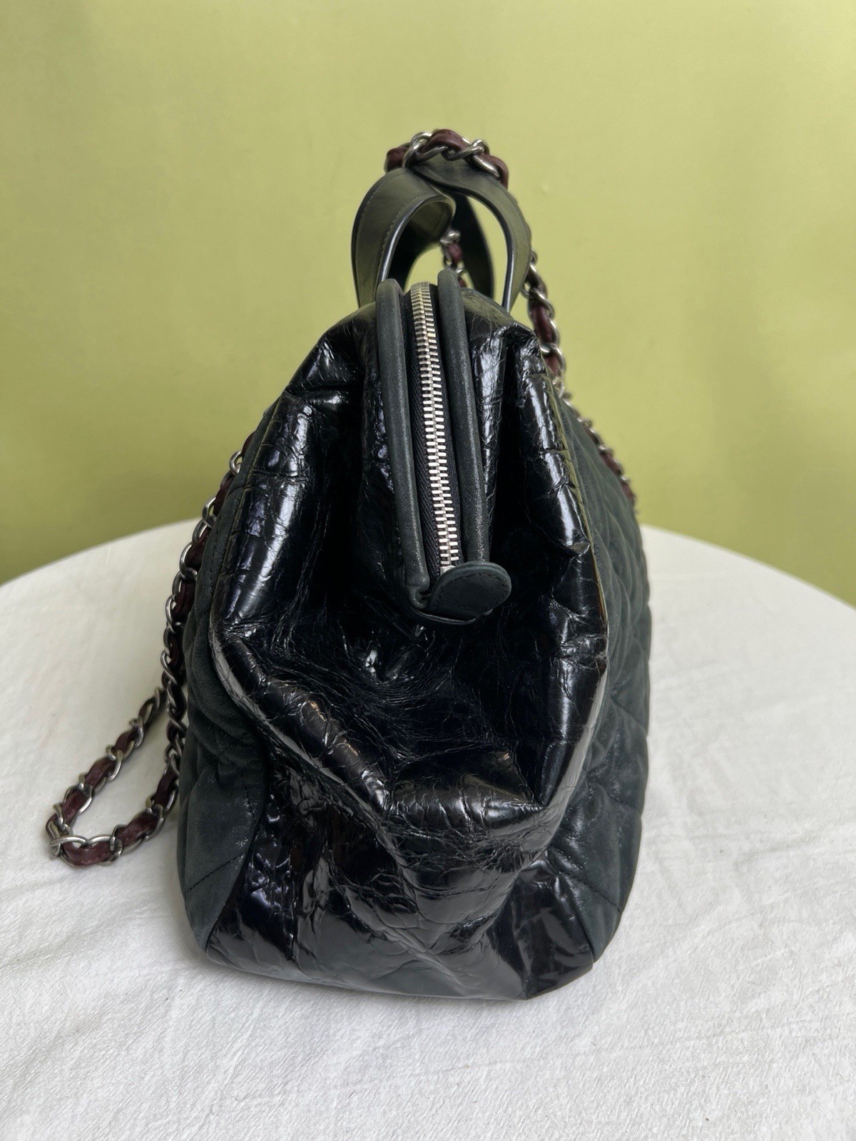 CHANEL 11C Vintage Bowling Boston Bag Black Crinkled Calf Silver CC Hardware