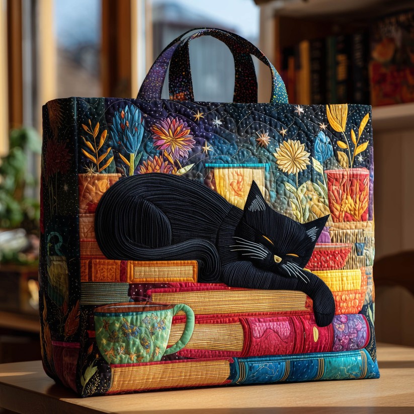 Sleeping Cat Book And Cofee Quilted Tote Bag Shoulder Cottagecore Handbag