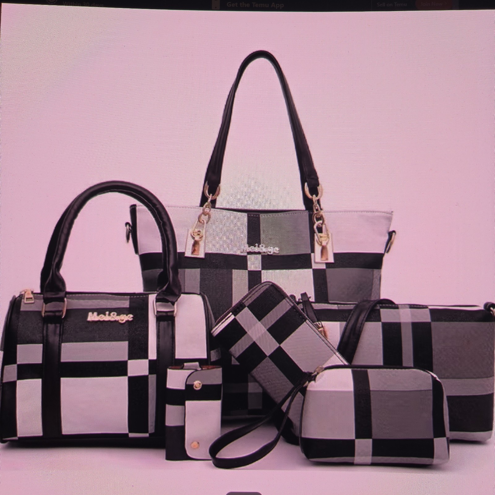 6 Pc Women’s Handbag Tote Bag Shoulder Bag Purse Satchel Wallet Clutch Gray
