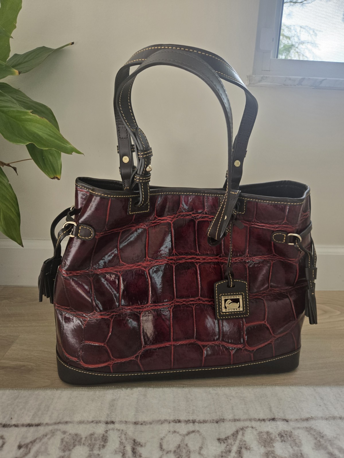 Dooney Bourke Croco Embossed Leather Satchel Purple Burgundy Luxury Bag Purse