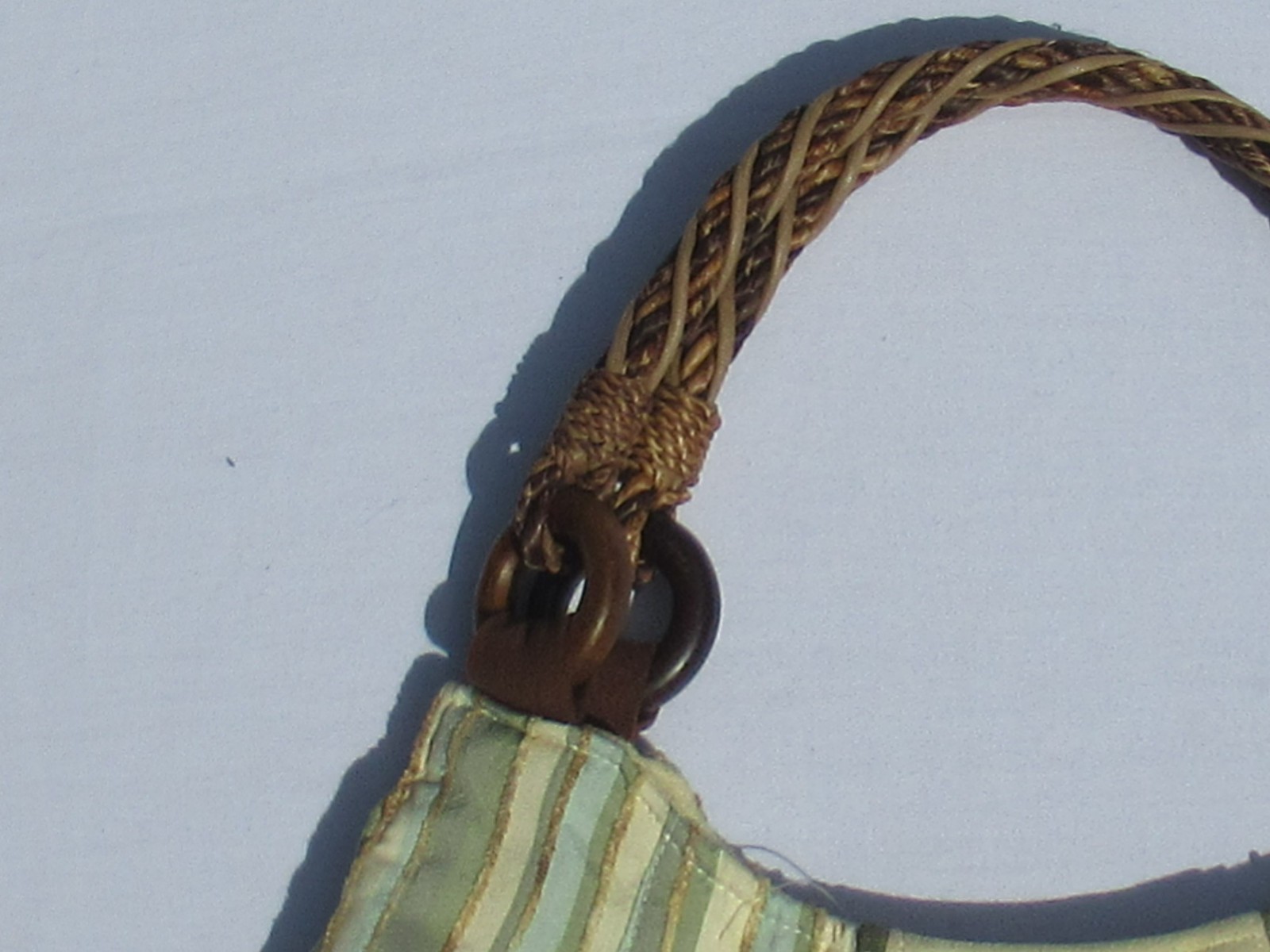 Fabric purse, striped silk and solid cream suede fabric, 2 brown braided handels