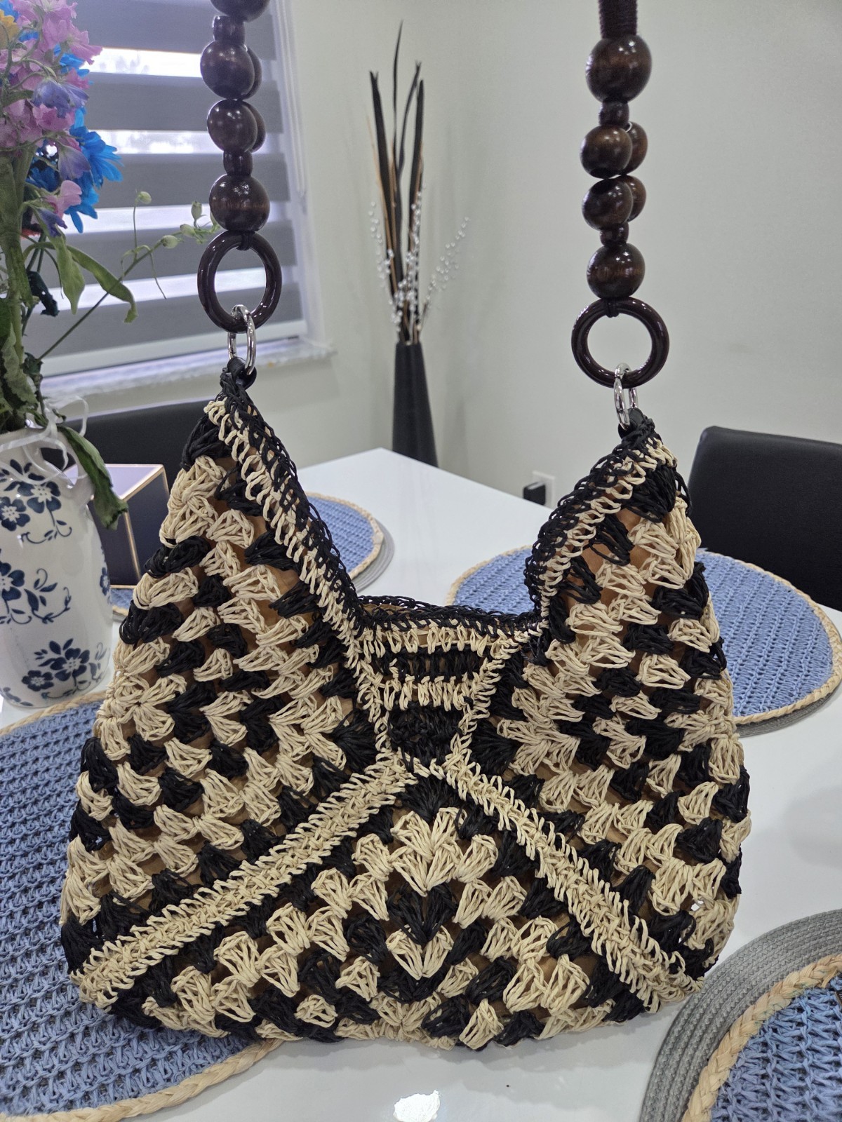 Women’s Black Beige Woven Crescent Shoulder Bag Beaded Wood Top Handle Magnetic