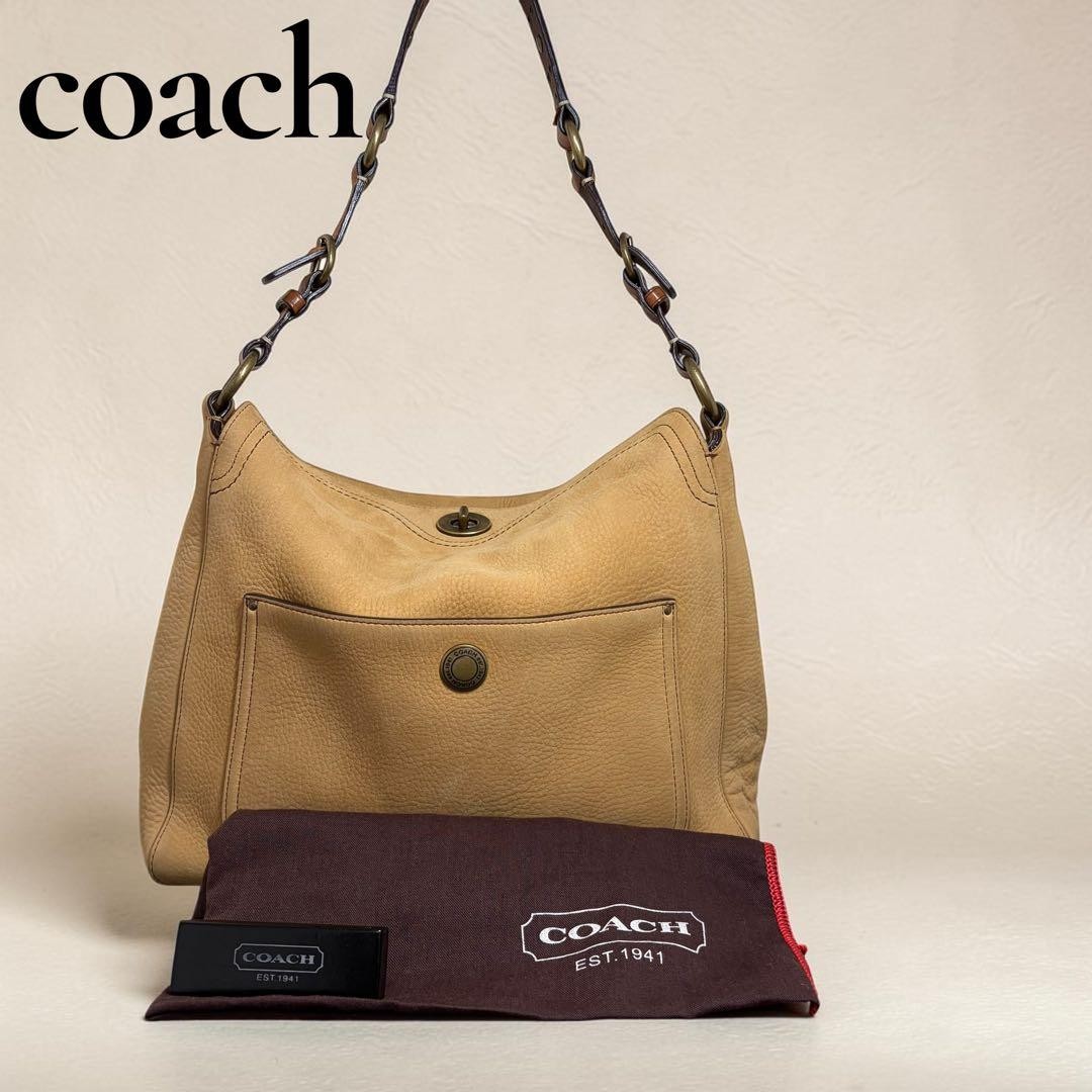 COACH one shoulder bag turn lock all leather beige