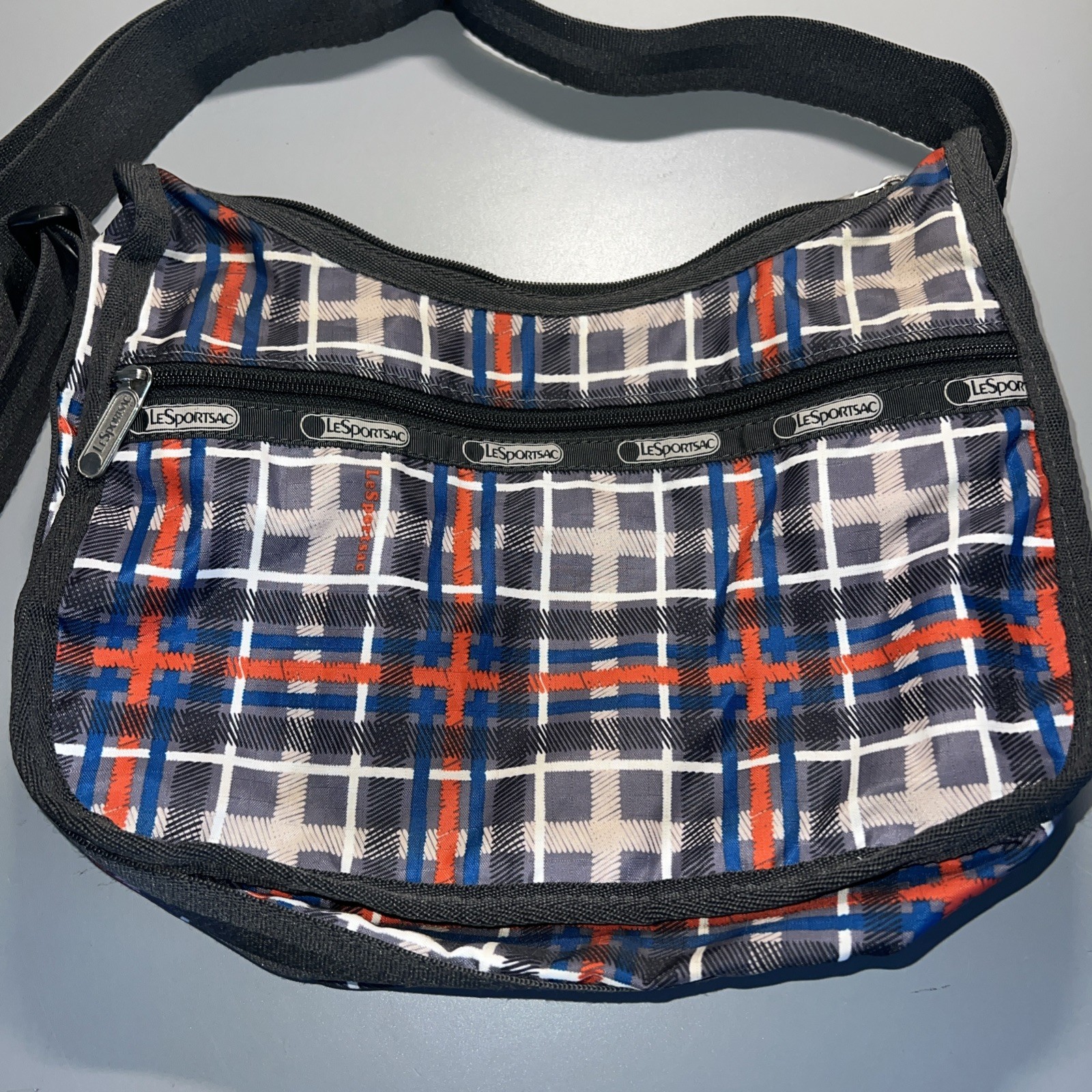 LeSportsac handbag Red Blue tan gray Plaid Canvas 9 x 11 x 5 Inches