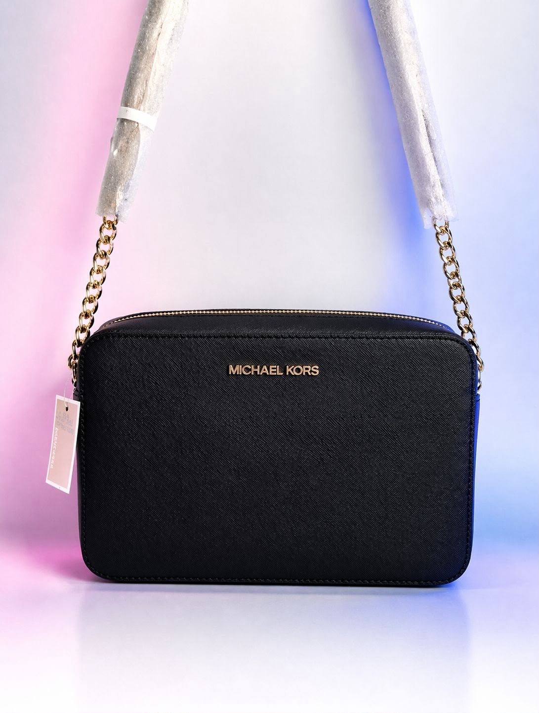 Michael Kors Black Crossbody Bag Gold Chain Shoulder Strap Zip Closure Logo