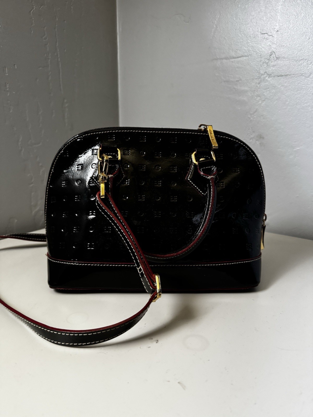 Arcadia Women’s Black Patent Finish Logo Dome Satchel Top Handle w/ Strap