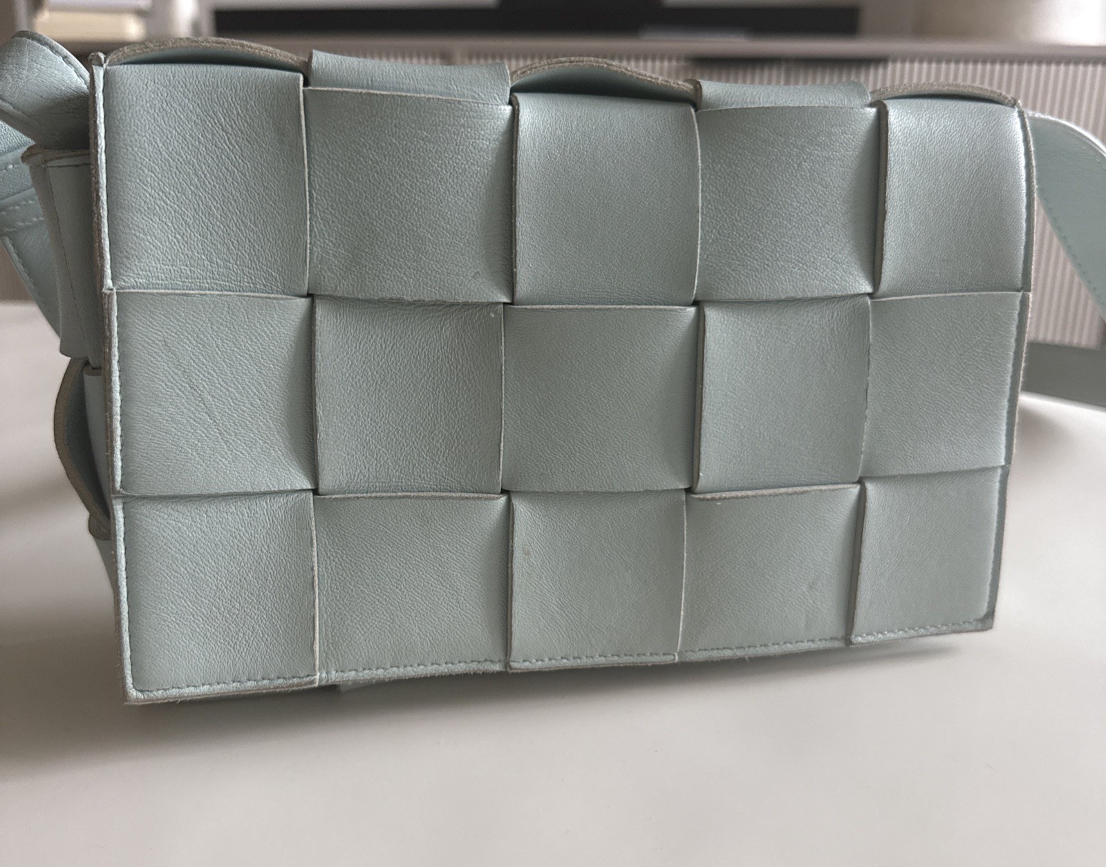 Bottega Veneta Womens Cassette Intrecciato Leather Crossbody Handbag Light Blue