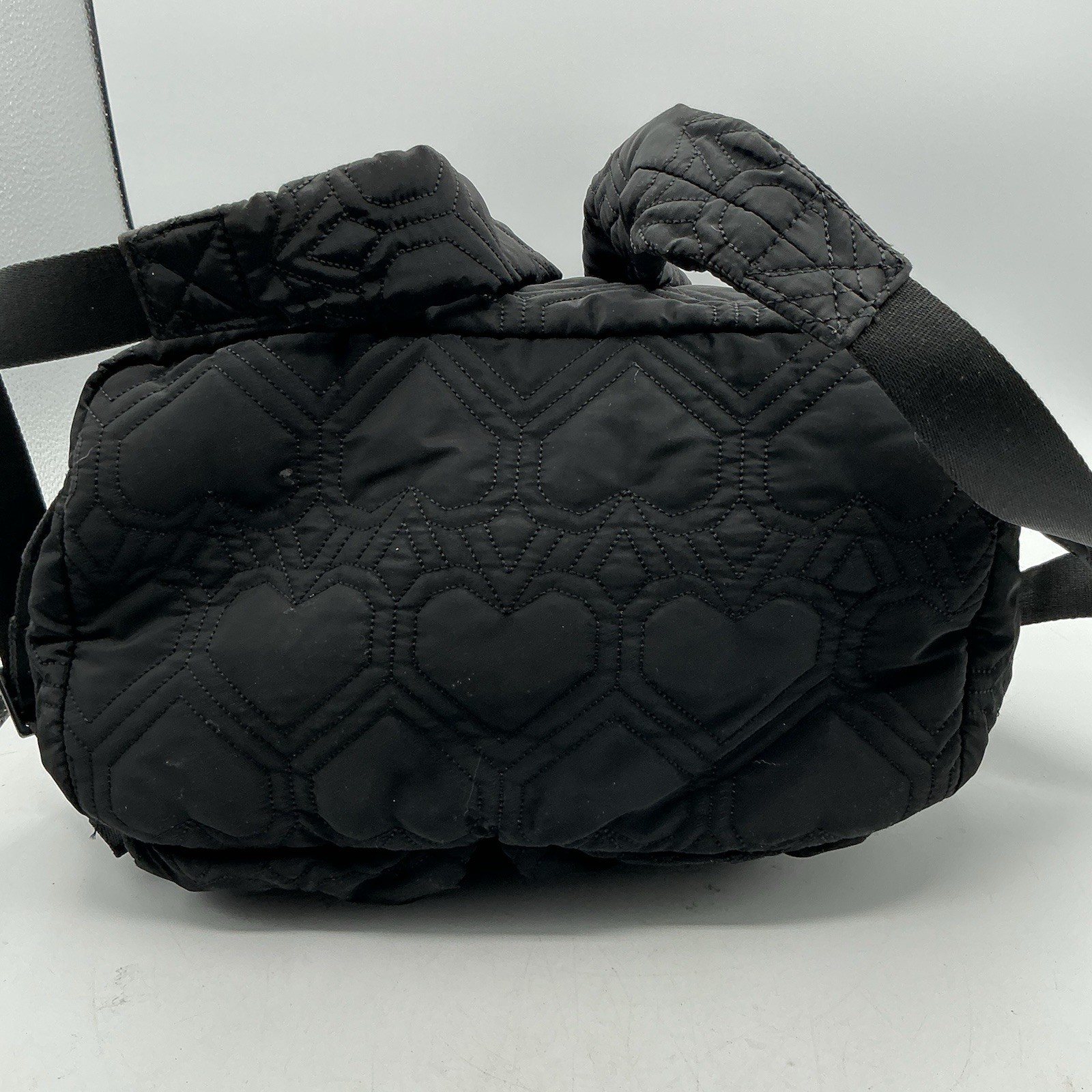 Kate Spade Black Quilted Heart Nylon Backpack Drawstring Front Pockets