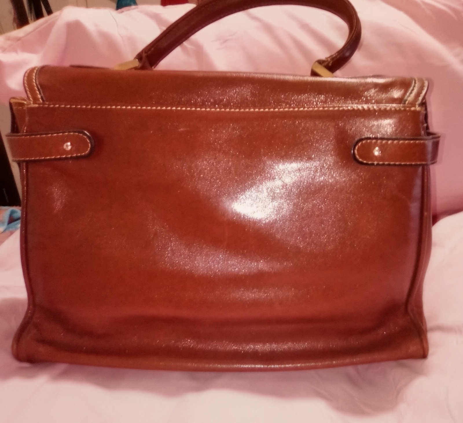 Goldpfeil Brown Top Handle Bag Turn Lock Zip Closure Mirror Gold Hardware