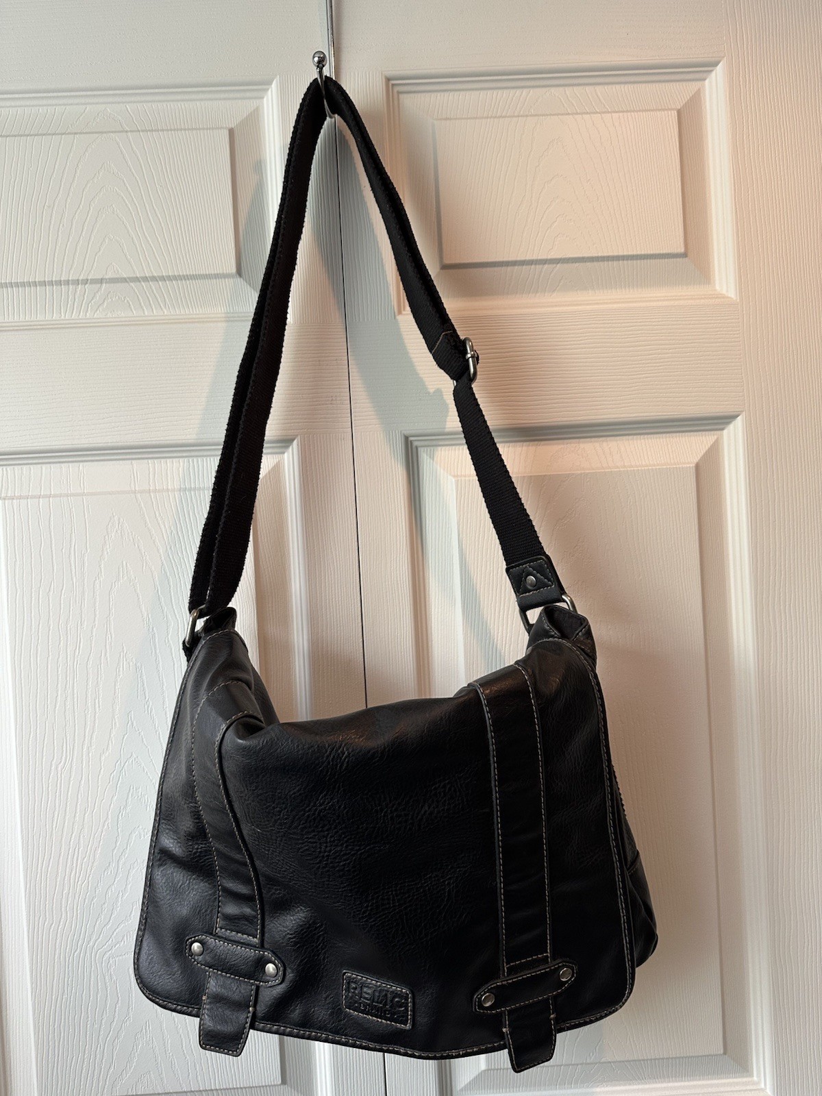 Relic By Fossil Black Faux Leather Messenger Crossbody Bag Tote W Adj Strap