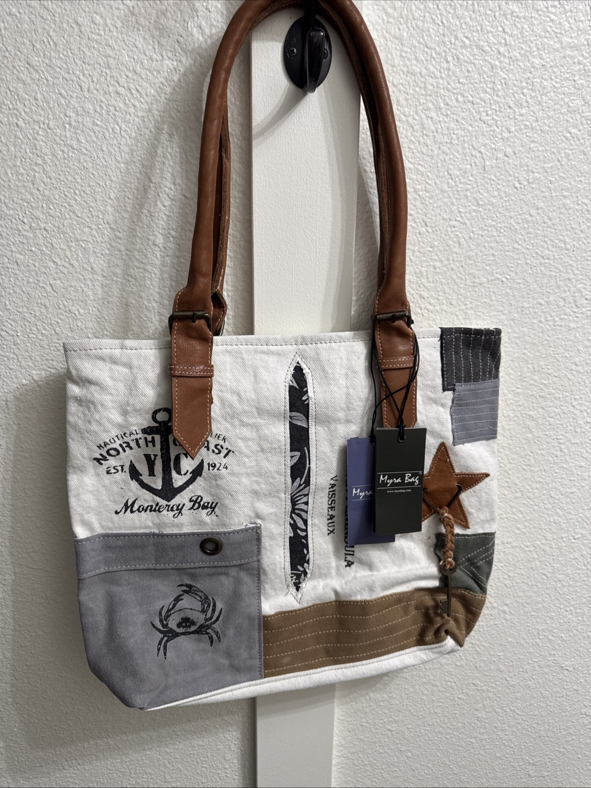 Myra Small Tote Bag 16Wx14Lx3D Distressed Gray Tan Leather Straps Shoulder Bag