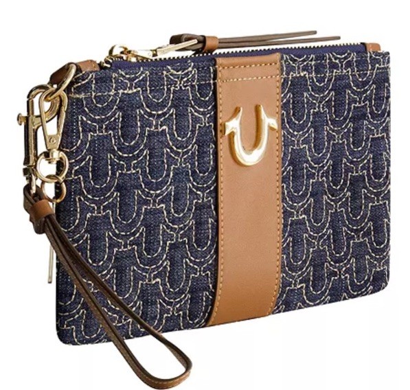 NWT True Religion Logo Horseshoe Stitched Dark Denim Wristlet Gold Hardware $48