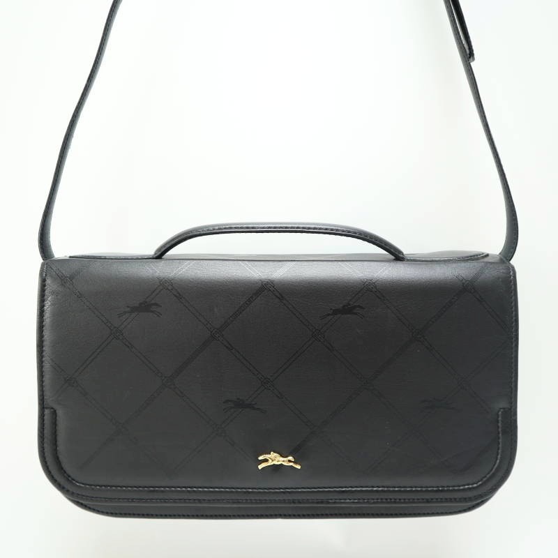 LONGCHAMP Logo All-Over Print Leather 2-Way Handbag/Shoulder Bag Black M09-k006