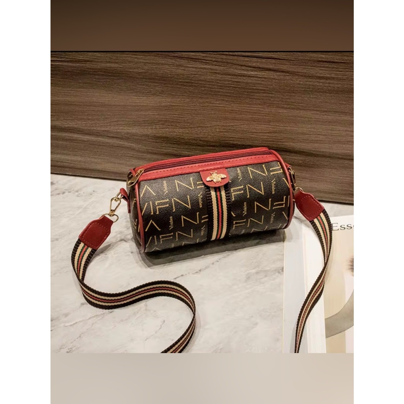 Monogram Bee Accent Barrel Crossbody Bag – Red /Brown NIP