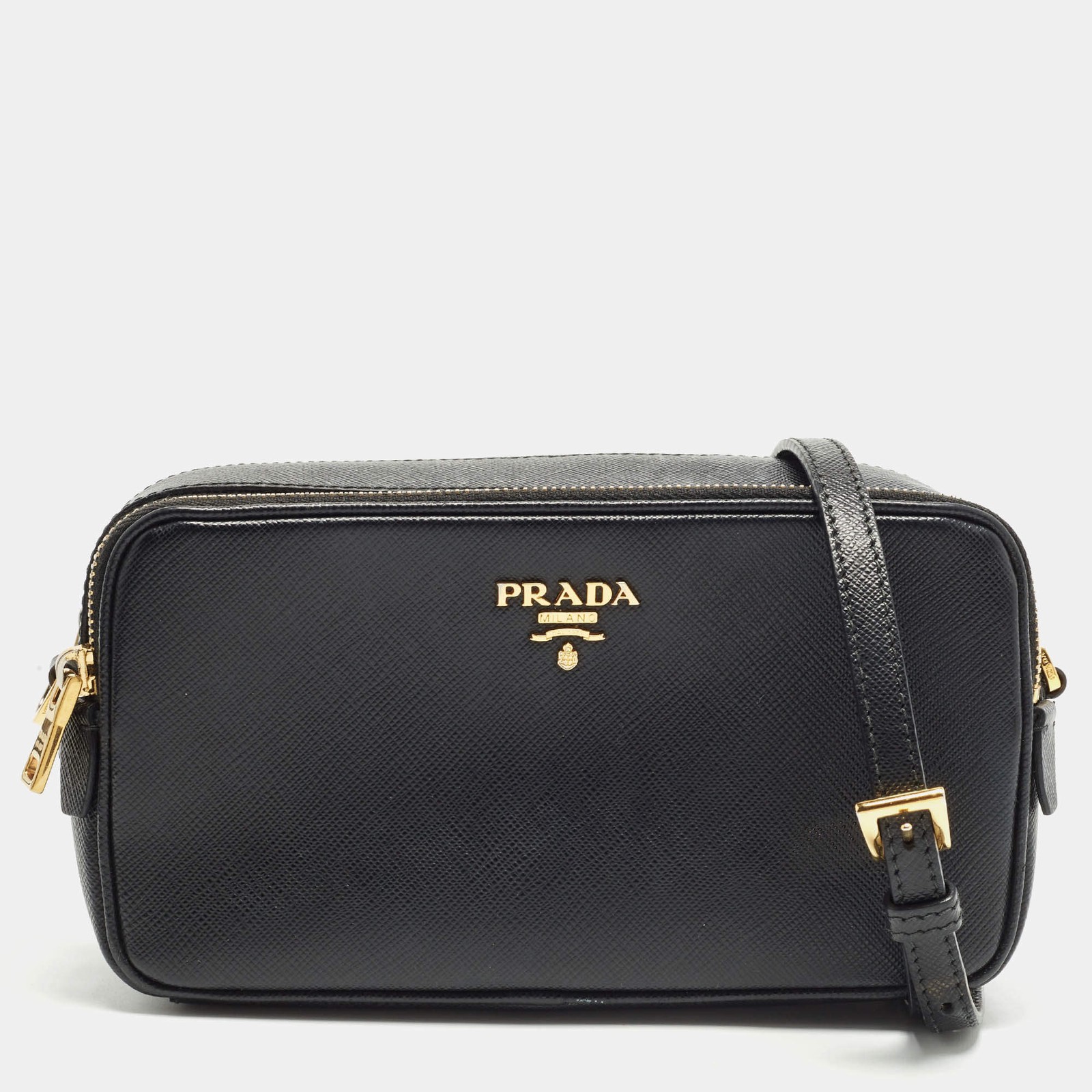 Prada Double Zip Black Saffiano Lux Leather Camera Crossbody Bag