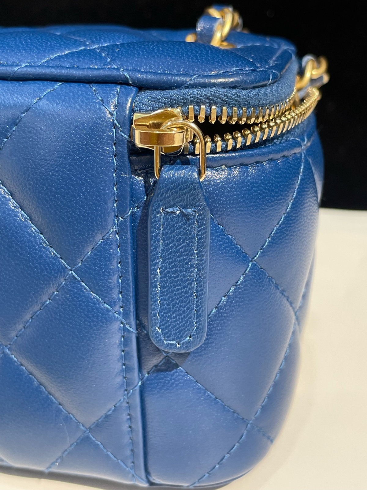 Chanel Vanity Case Quilted Leather Blue Mini Crossbody Bag Gold Ball Chain