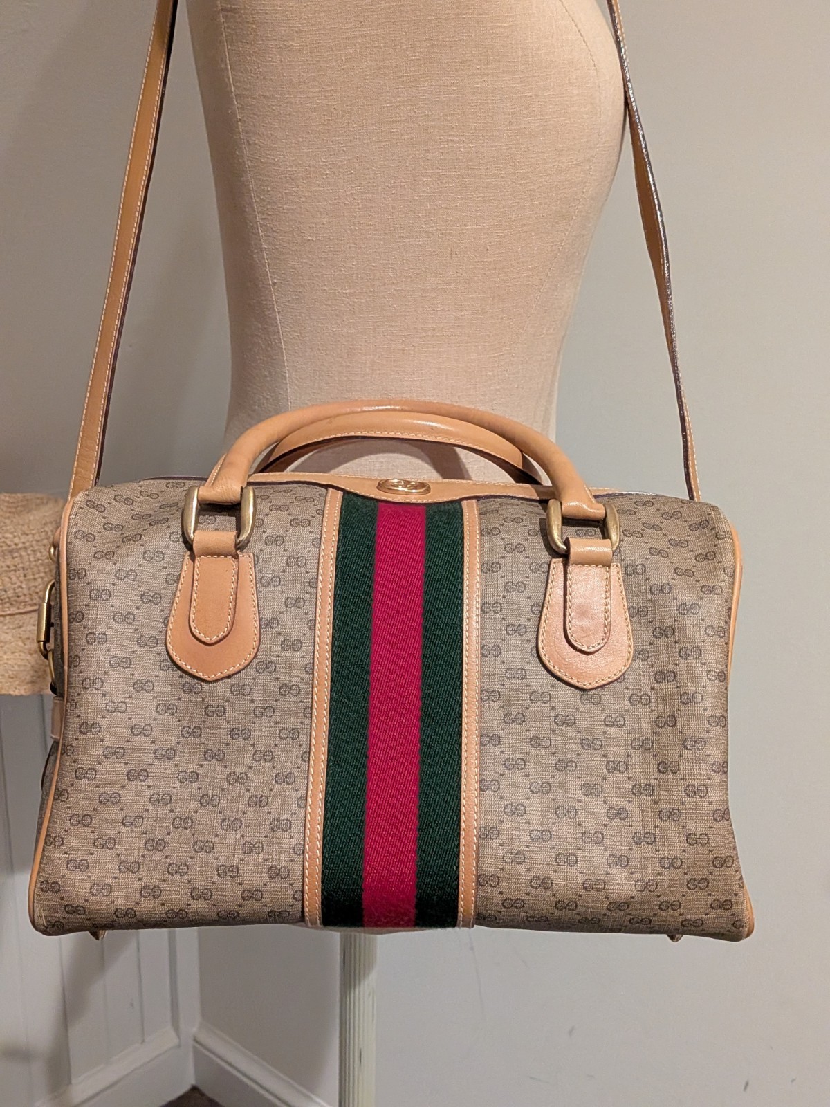 Vintage Gucci GG Supreme Canvas Boston Bag Sherry Web Stripe Satchel Tan Italy