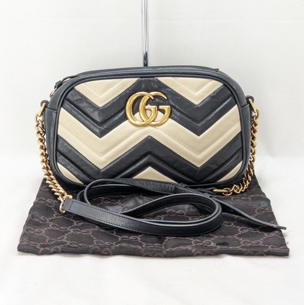 GUCCI GG Marmont Shoulder Bag Leather Black White 447632 001998 Authentic