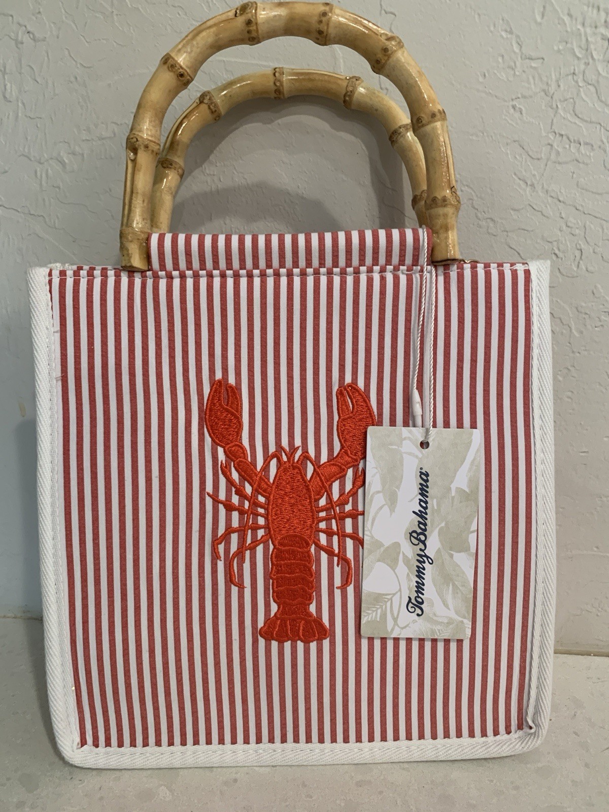 Tommy Bahama Red White Striped Lobster Small Handle Bag Gold Chain Strap NWT