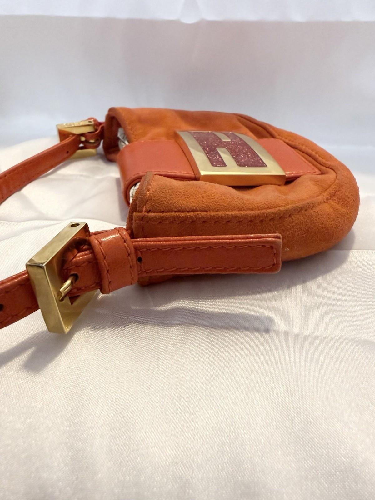 Authentic VINTAGE FENDI MINI CROISSANT ORANGE SUEDE/LEATHER