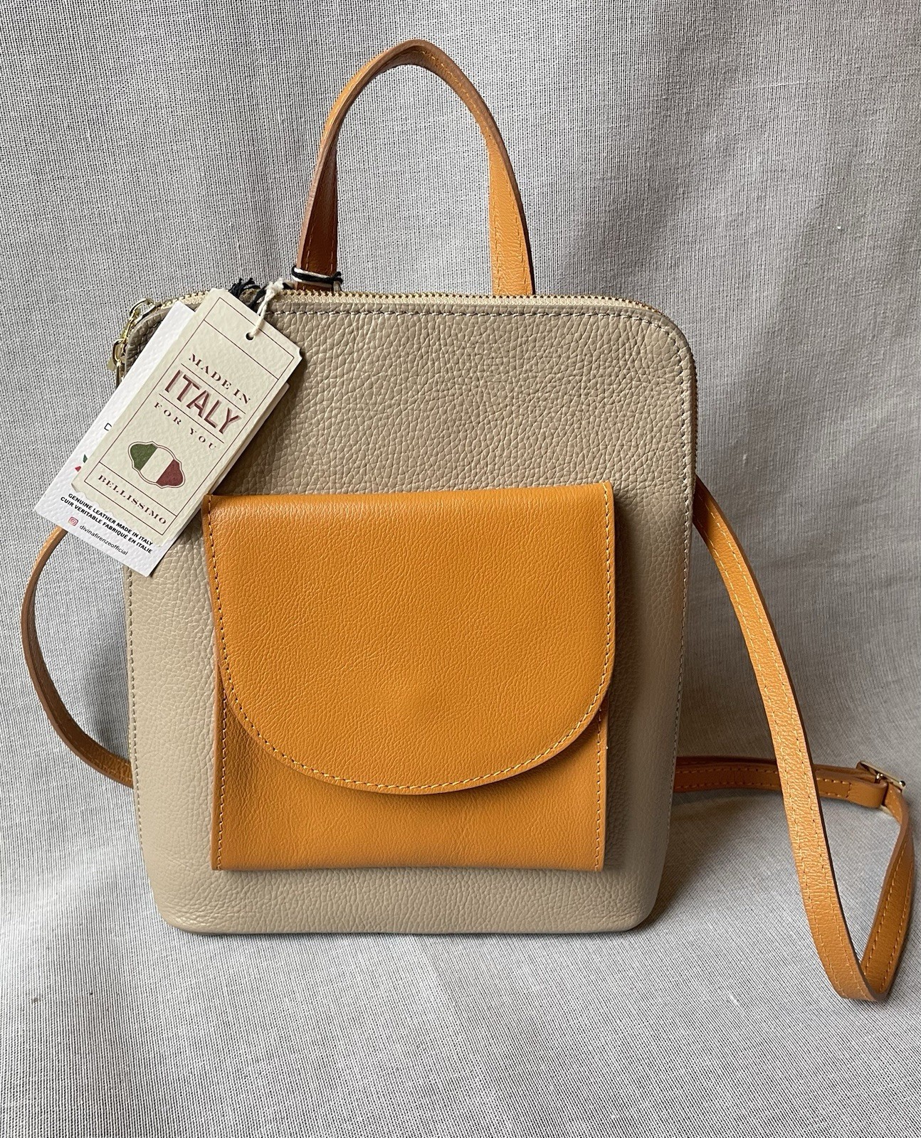 Divina Firenze Italy Leather Purse Backpack Crossbody Kitty Capp. & Honey 11″