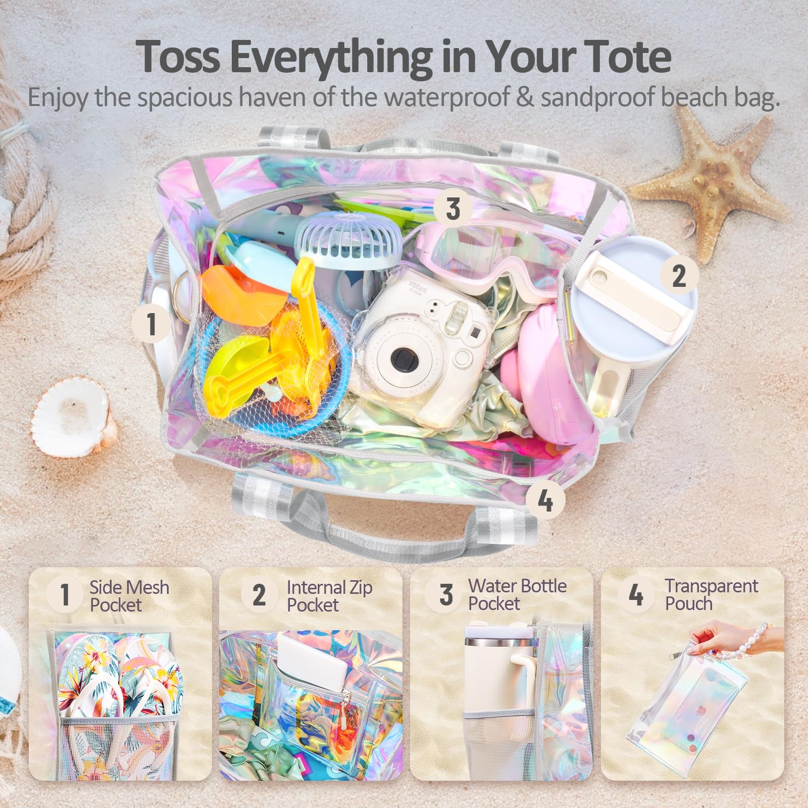 Beach Bag 26L Large Iridescent Waterproof Beach Tote Bag for Women with Zippe…