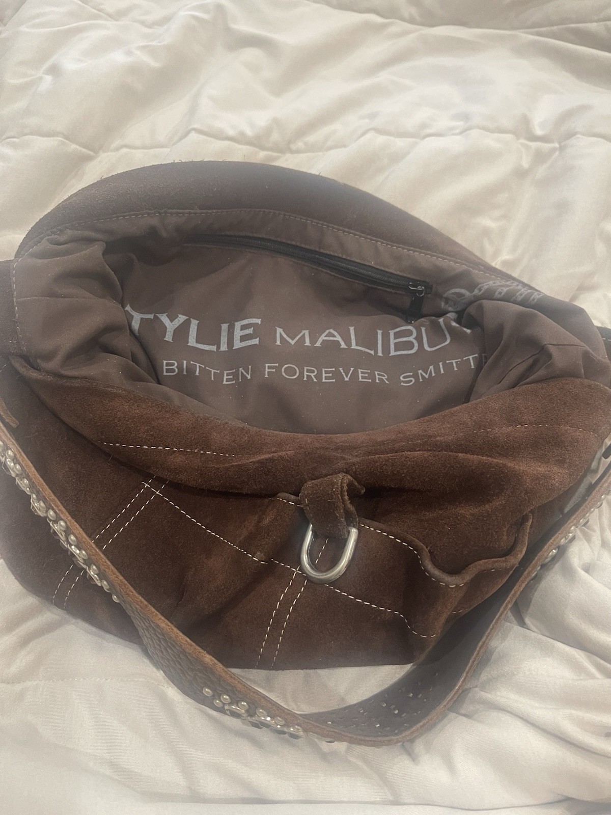Tylie Malibu Brown Medium Crescent Shoulder Bag Studded Strap Zip Detachable