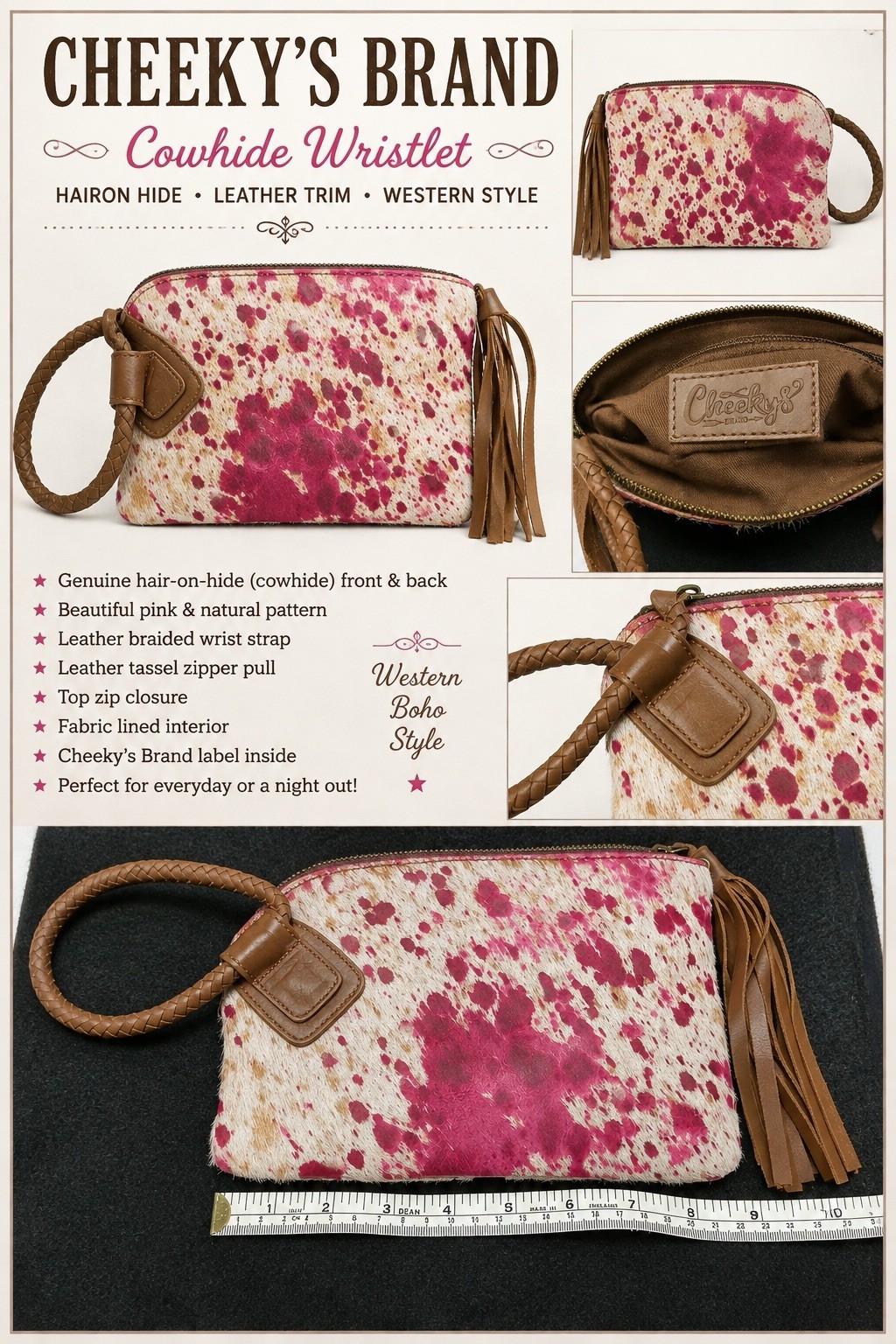 Cheeky’s Brand Pink Cowhide Wristlet Clutch Hair on Hide Leather Tassel
