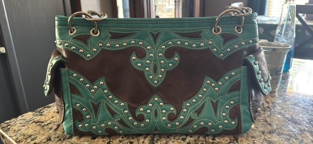 Montana West Concealed Carry Handbag Purse Studded Brown Leather Turquoise