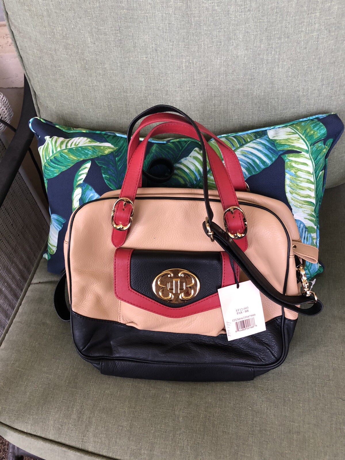 NWT EMMA FOX BOXY COLOR-BLOCK RED/BLACK/TAN PEBBLED LEATHER TOTE/SATCHEL/HANDBAG