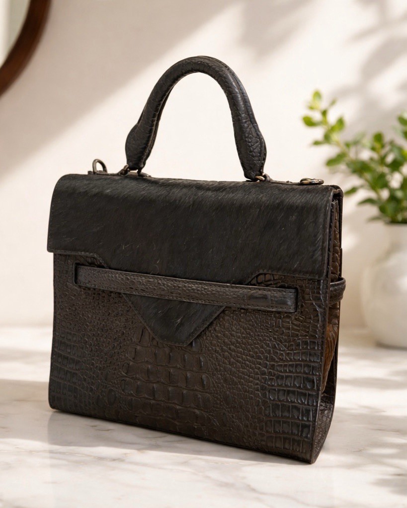 Raviani Black Calfskin & Crocodile Embossed Leather Satchel Bag.