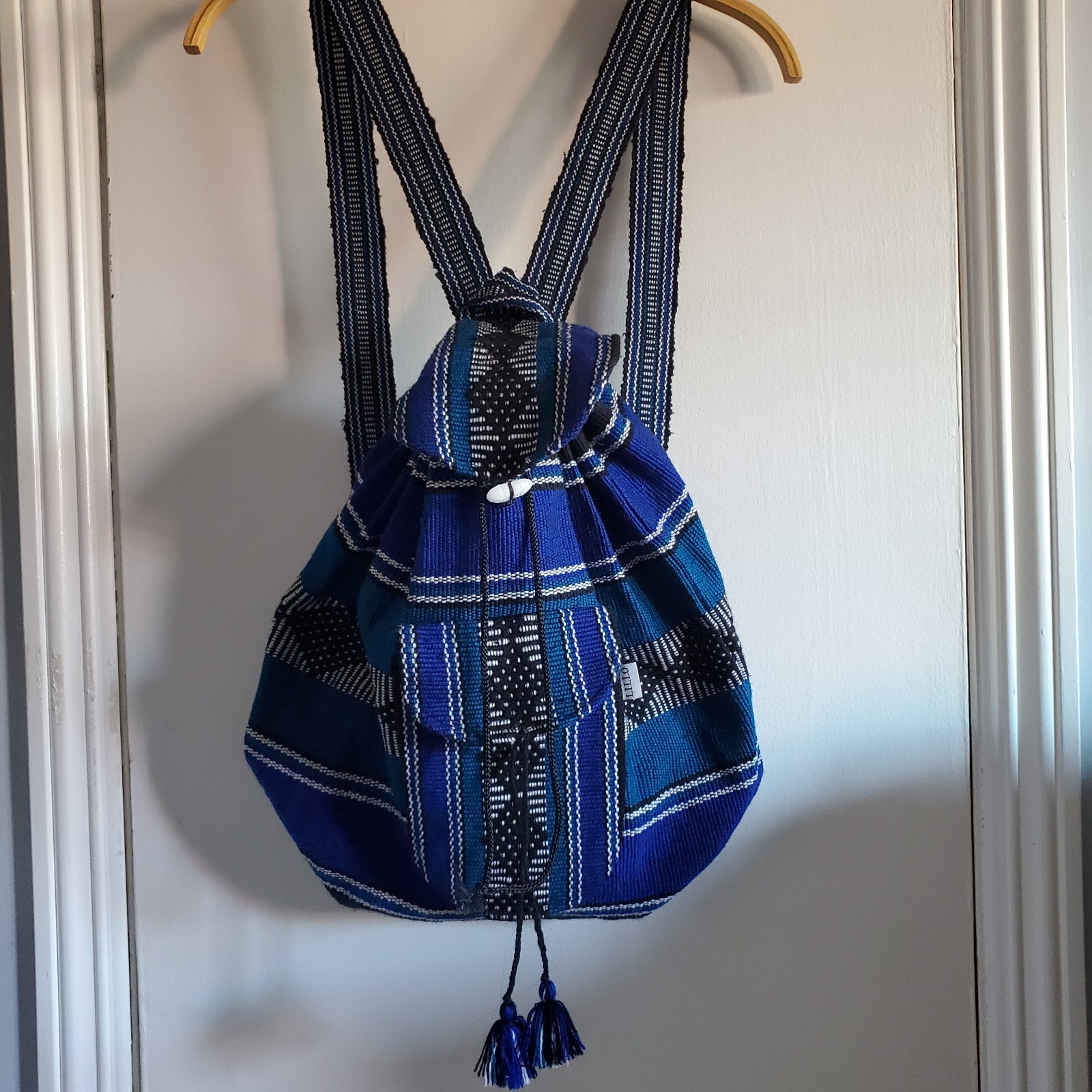 Artisan Lillo Woven Drawstring Backpack Blue Baja Style Boho Hippie