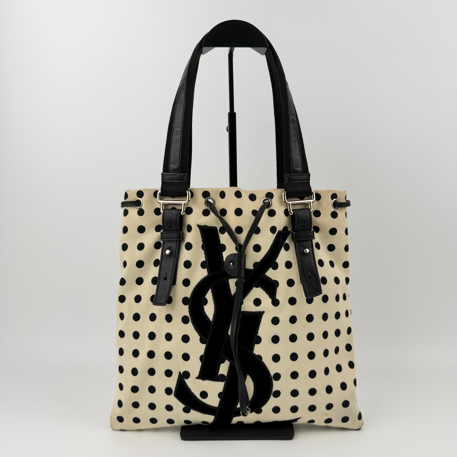 YVES Saint Laurent Cassandra logo dot pattern handbag canvas leather ivory