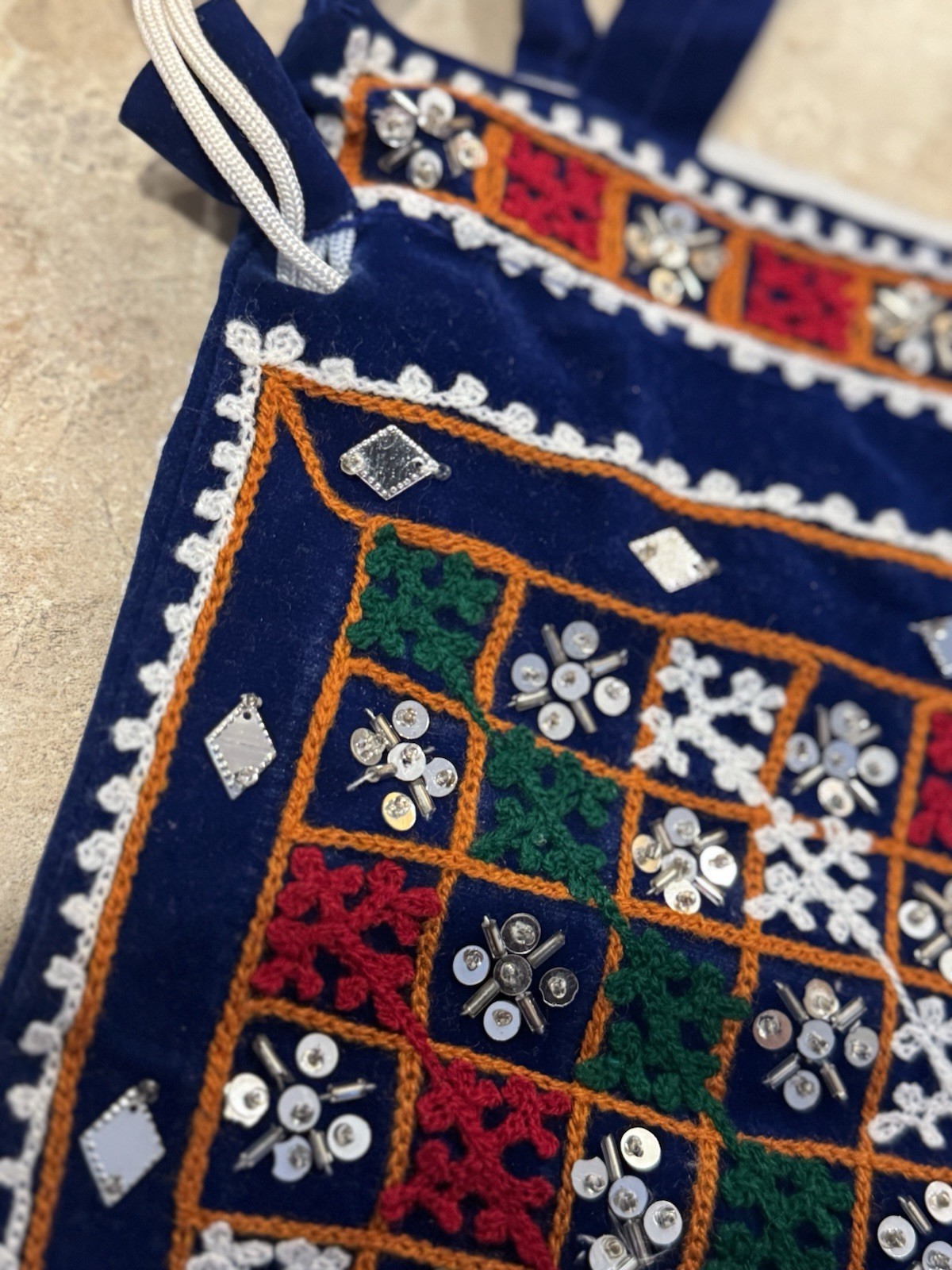 Embroidered Velvet Shoulder Bag Mirror Accents Boho Textile 12×8.75