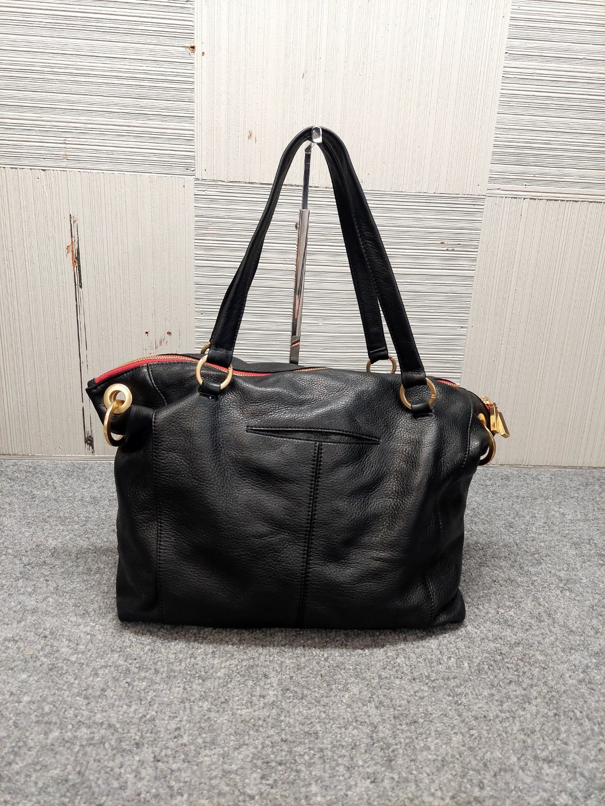 Hammitt Daniel Women Tote Bag Black Red Brushed Gold Pebbled Leather Cocktail