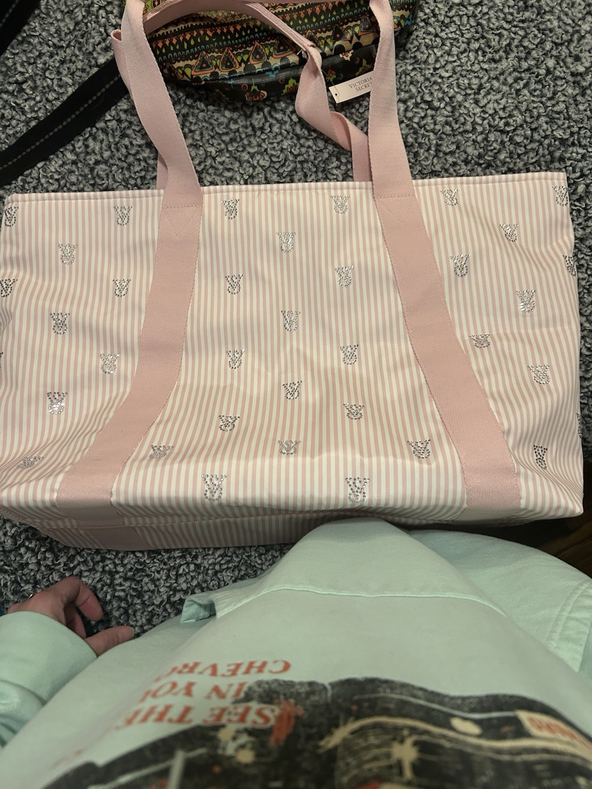 Victoria’s Secret Pink/White Striped Tote Bag Logo Lined Pockets Pouch