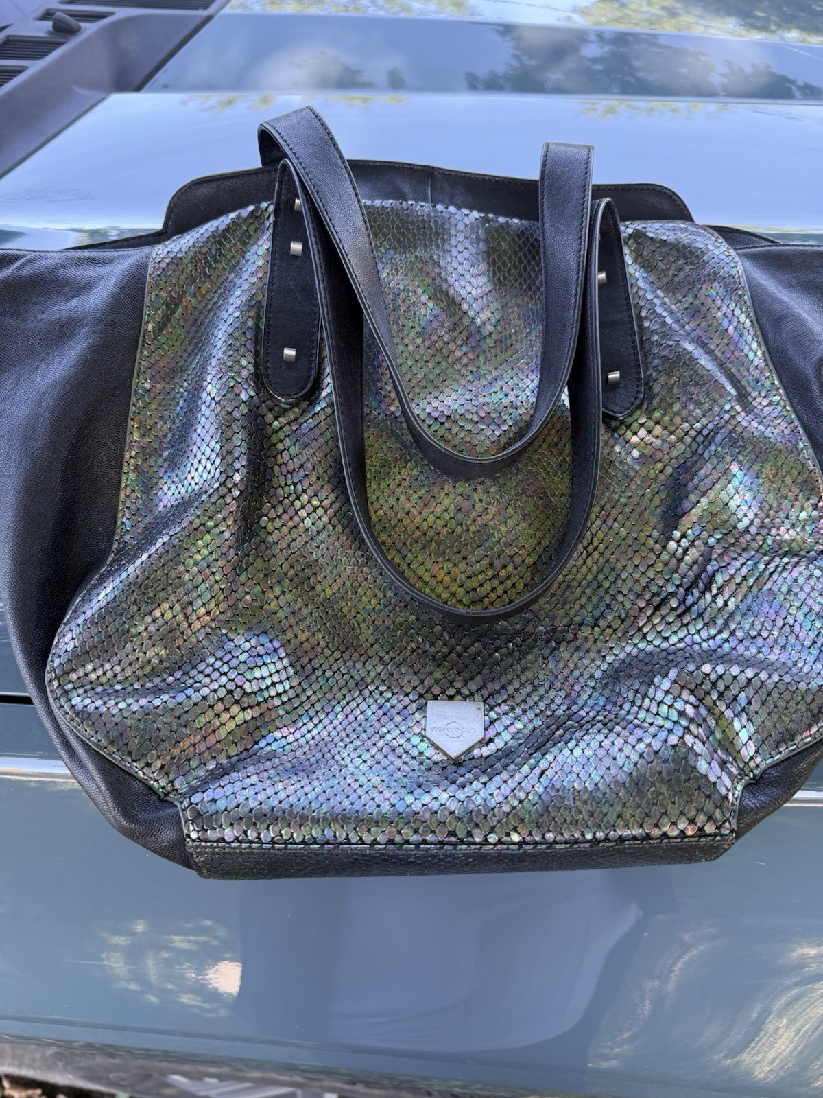 ROMY GOLD Metallic Snake Print Tote, Zip, Lined Pockets, Studded, Charm