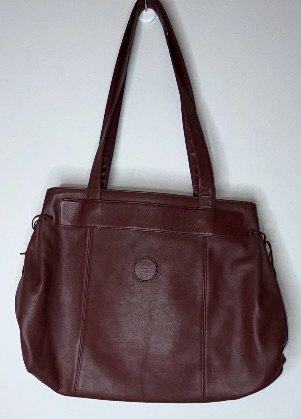 Vintage Etienne Aigner Burgundy Oxblood Genuine Leather Tote Drawstring 15×15