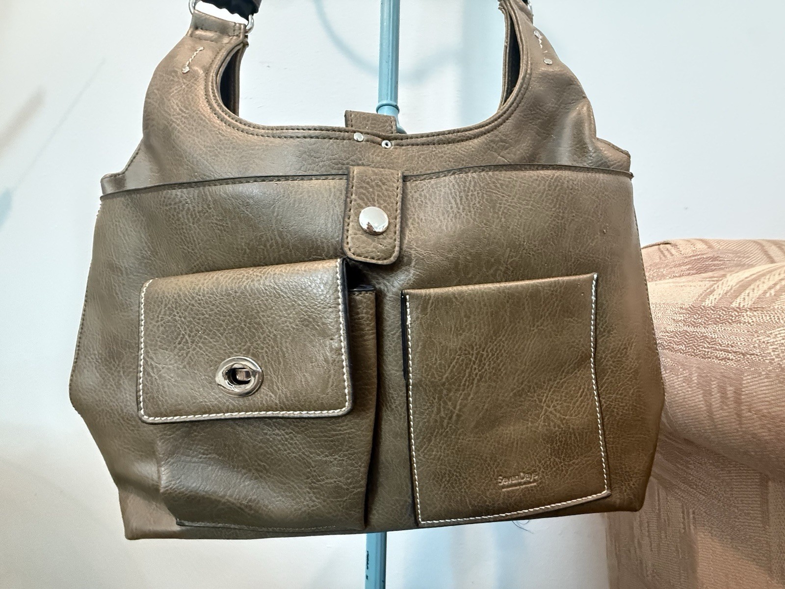 SevenDays Brown Vegan Leather Shoulder Tote Bag Slouchy Multi Pocket Pu