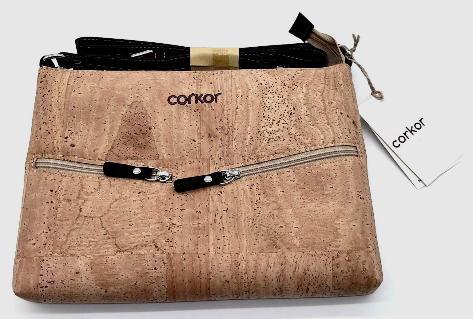 Corkor Vegan Cork Crossbody Bag Brown Asymmetrical Front Zipper