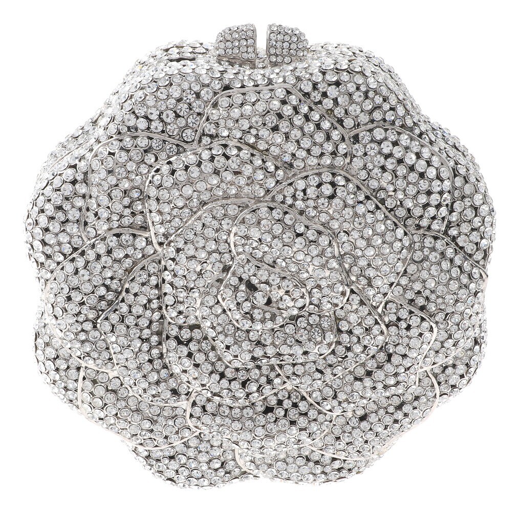 Silver Tone Metal Clear Rhinestone Crystal Clutch Evening Bag HB6052-SCL