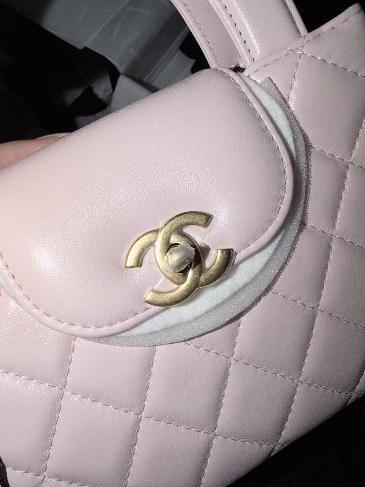 AUTH NIB 26C Chanel Shiny Aged Calfskin Quilted Nano Kelly Shopper Light Pink