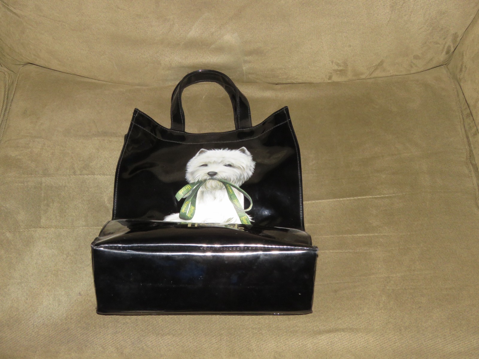 HARRODS Medium Shoulder Tote Black Glossy PVC Westie Dog w/ Leash Snap Closure
